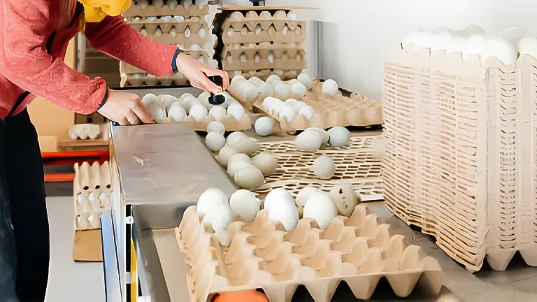 Person stamping or sorting eggs in a processing facility