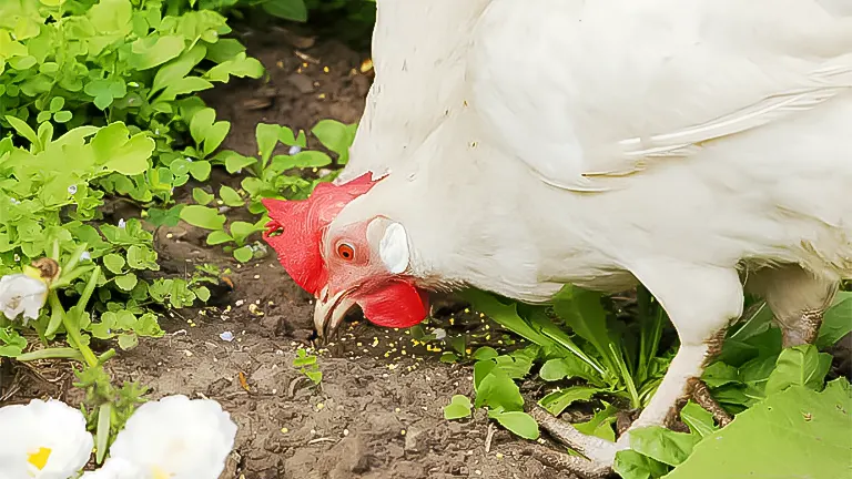 A white chicken pecking at the ground in a garden
