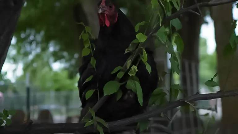 A black chicken perched on a tree branch surrounded by leaves