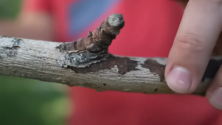 A person's hand touching a rough, bark-covered tree branch