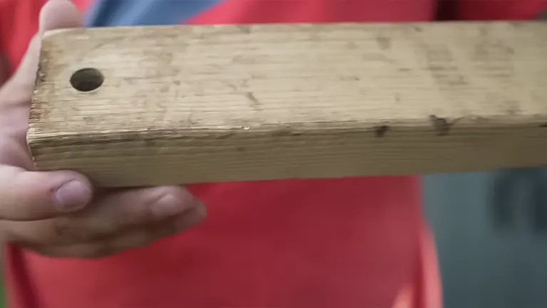 A person holding a wooden plank with a drilled hole, potentially for use as a chicken roost