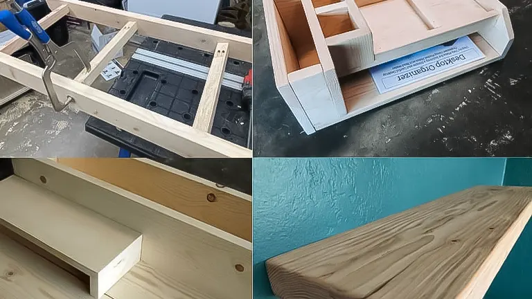 Four stages of a beginner woodworking project, showing a wooden frame being clamped, an unassembled wooden caddy, a close-up of a wooden shelf support, and a finished wooden shelf