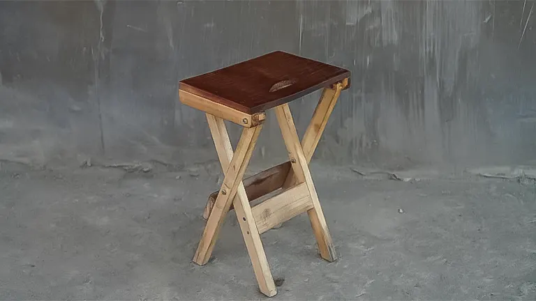 A handcrafted wooden stool with a dark brown square seat and light brown legs, placed against a grey backdrop