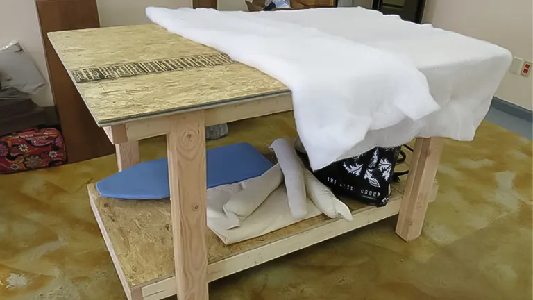 A handmade wooden table with storage shelf, partially covered by a white cloth