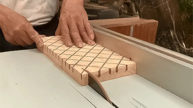 Person cutting a marked piece of wood on a table saw for a beginner woodworking project