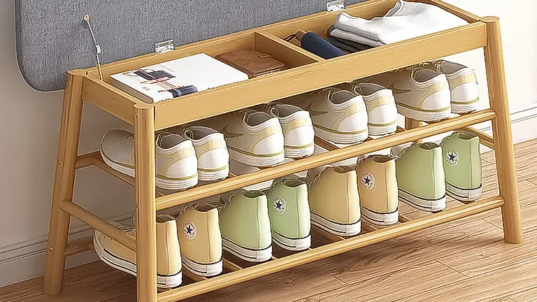 A wooden shoe rack with two shelves, holding various pairs of shoes