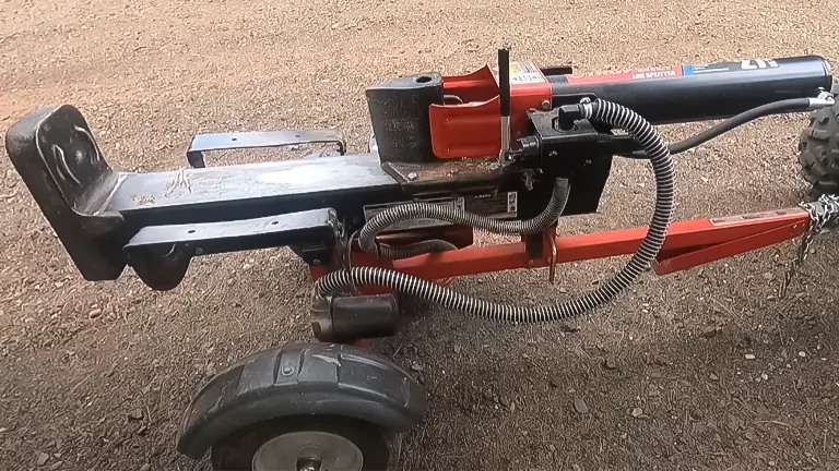 Troy-Bilt 27-ton gas log splitter viewed from the side, focusing on the beam, hydraulic arm, and coil-wrapped hoses