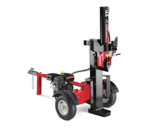 Red and black Troy-Bilt 27-ton gas log splitter with vertical and horizontal operational capability