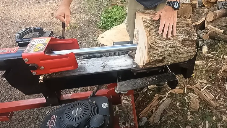 Person operating a Troy-Bilt 27-ton gas log splitter with a log positioned for splitting