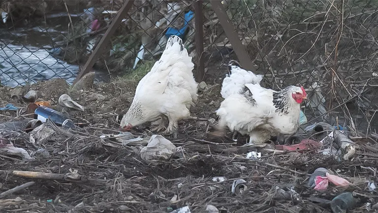 Chickens foraging in an area with litter and scraps, highlighting the importance of proper waste management for their health