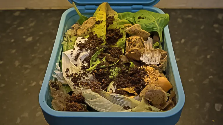 A compost bin filled with various organic kitchen waste, including eggshells and vegetable scraps, suitable for chicken feed