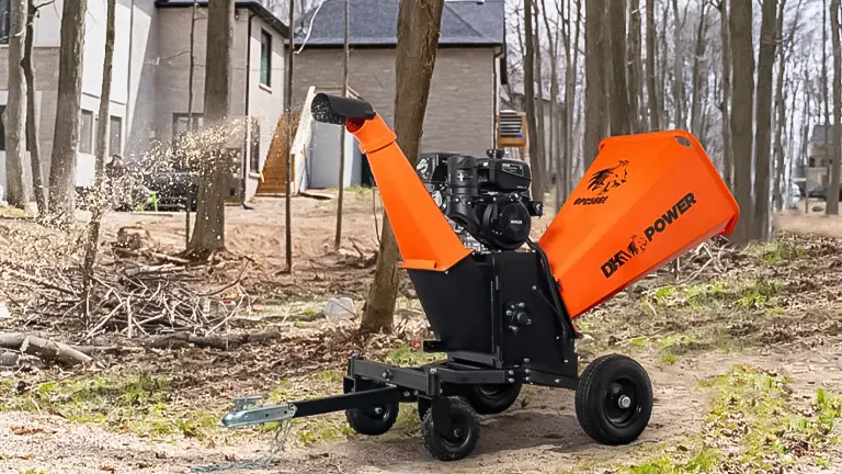 DK2 Power gas wood chipper in operation, ejecting debris, with a backdrop of a wooded yard and a house