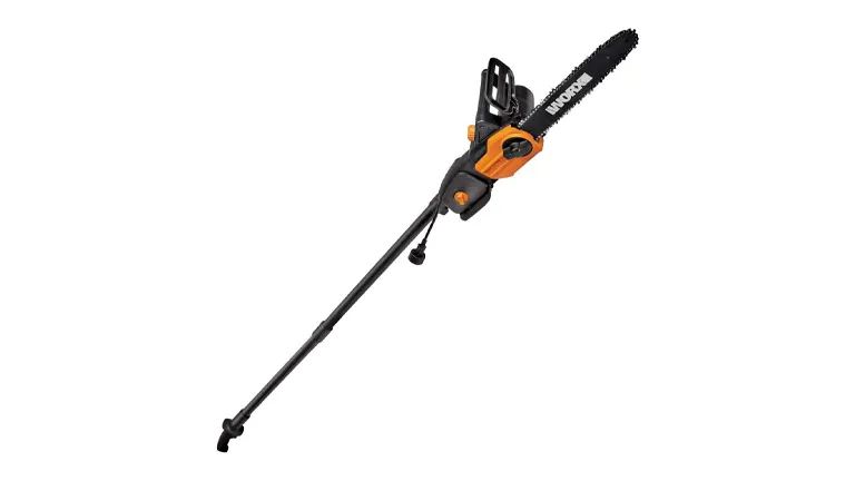 Worx WG309 electric pole saw with an extended handle on a white background