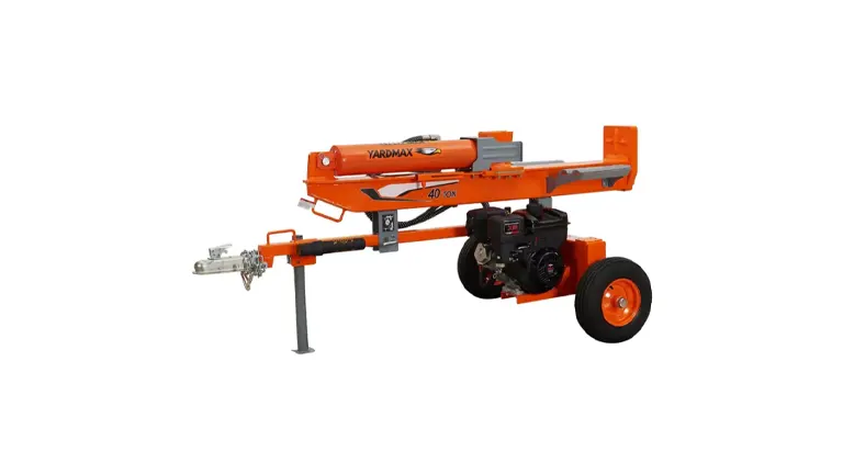 Orange YARDMAX XR1450 40-Ton Gas Log Splitter with a black engine and wheels