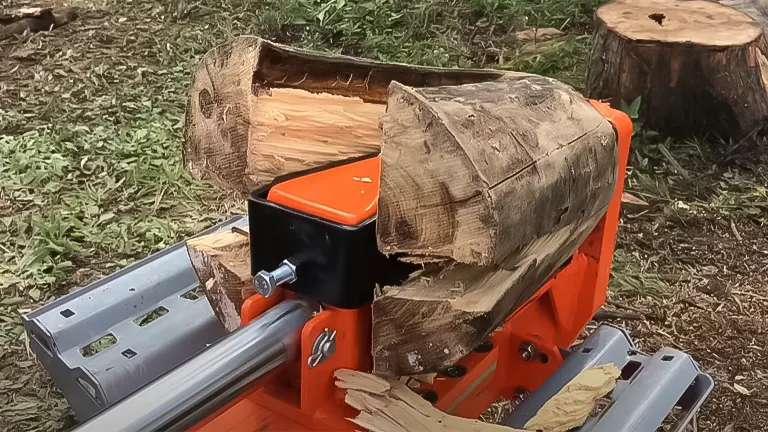 YARDMAX XR1450 Log Splitter actively splitting a large piece of wood