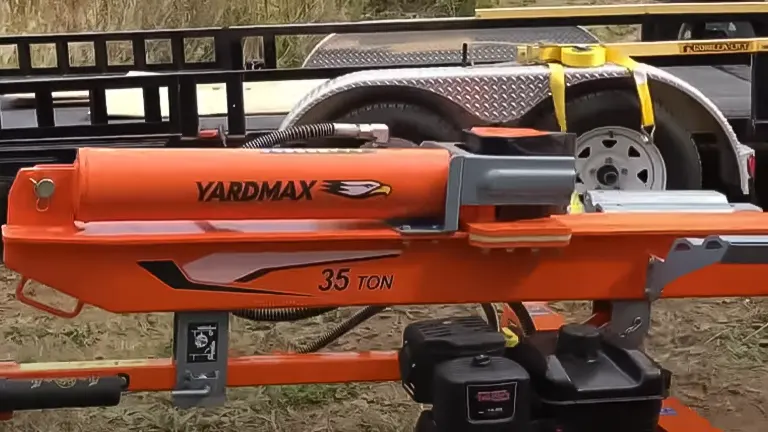 Close-up of the orange wheel and side panel with the YARDMAX logo