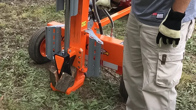 Person operating a YARDMAX XR1450 Log Splitter, focusing on the splitting mechanism and a log in place