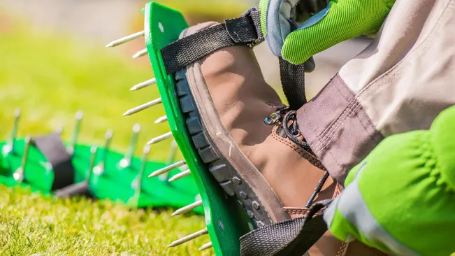 Person wearing green gloves and manual spike aerator shoes aerating a lush, green lawn