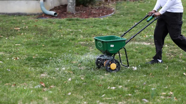 using a green fertilizer spreader on a well-maintained lawn