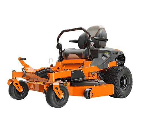 Orange ARIENS zero-turn lawnmower with black seat and steering handles.