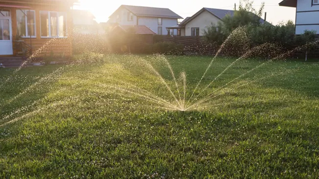 Sprinkler watering a lush lawn at sunset with houses in the background.