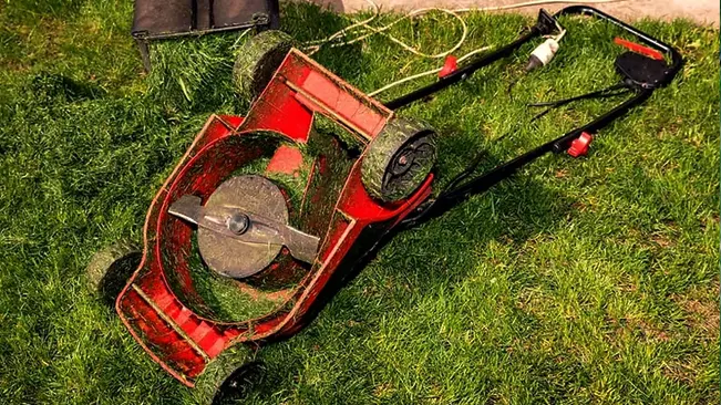 Red lawn mower flipped upside down on lawn