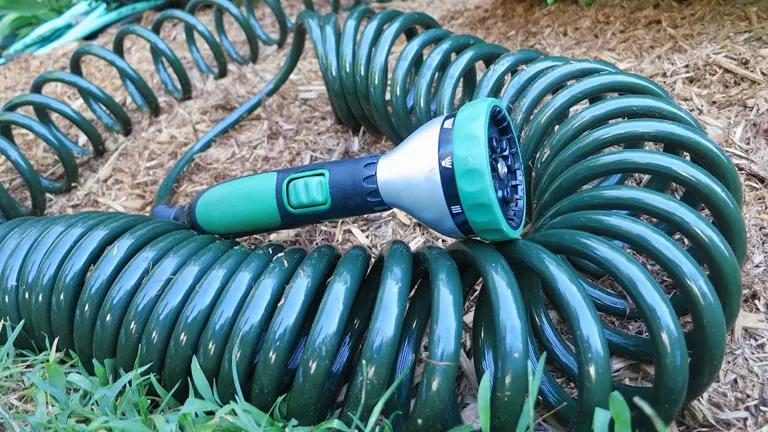 Coiled Hose laying the the grass with nozzle on it 
