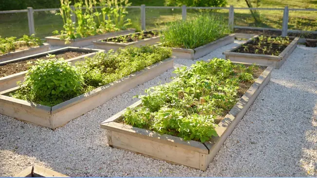 A series of raised wooden garden beds arranged neatly on a gravel surface, filled with a variety of lush, green vegetable plants in a sunny outdoor garden.