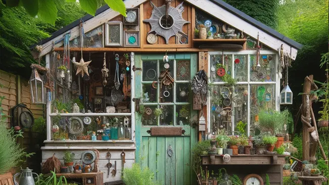 Eclectic garden shed adorned with various upcycled objects and plants.