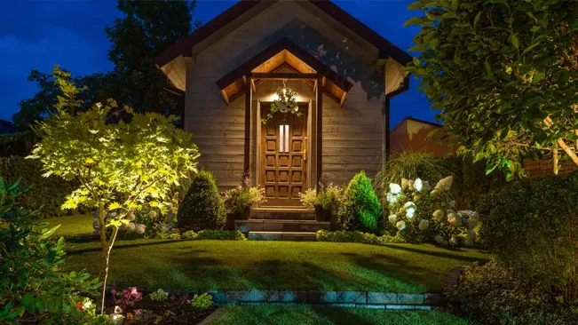 Illuminated garden shed at twilight with surrounding landscaped garden.