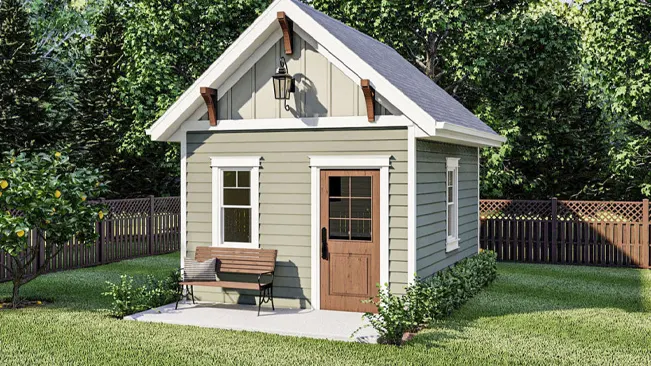Small classic cottage-style garden shed with bench and lantern.
