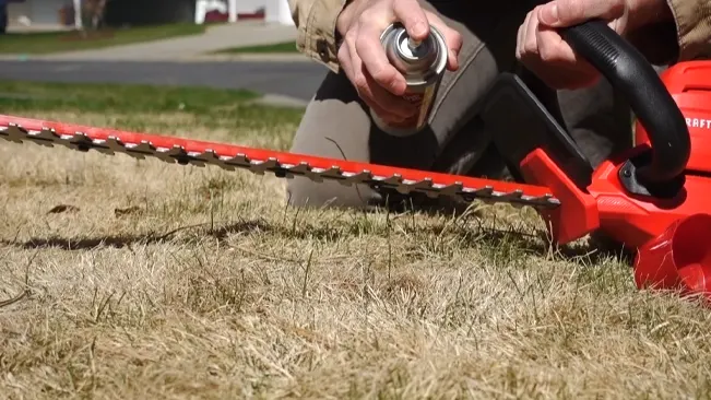 Person oiling the blades of a hedge trimmer