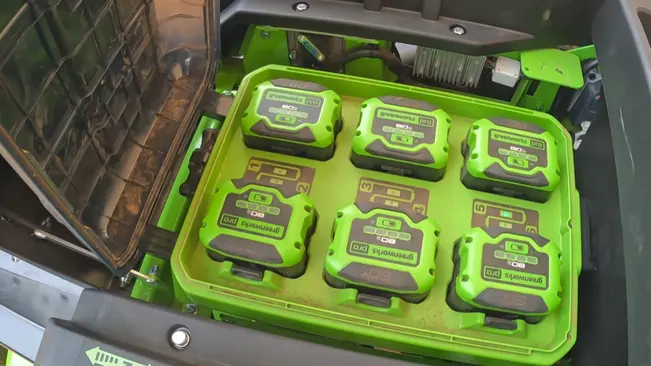 containing eight rechargeable batteries, encased in black and green housing, part of a larger machine with metallic components and wiring visible around it