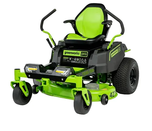 Greenworks Pro 60V” riding lawnmower, green with black accents, featuring a comfortable seat, armrests, a steering handle, and a 42" cutting deck