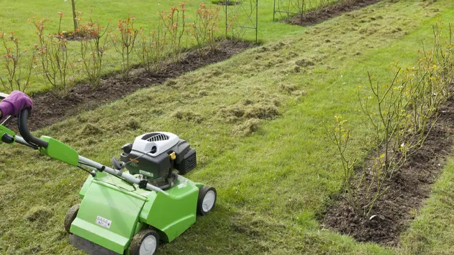Person aerating lawn with push mower
