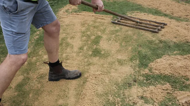 Person leveling sand with a rake