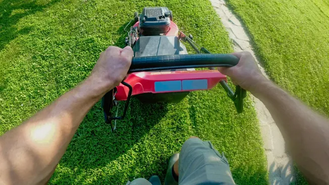 person mowing a vibrant green lawn with a red lawnmower