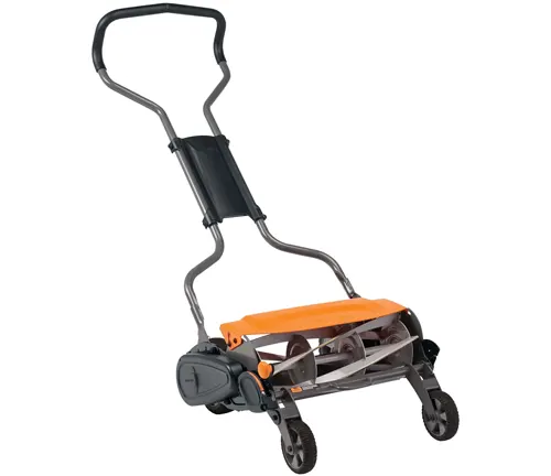 Manual lawn mower with orange body and black handle