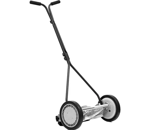 manual push lawn mower with two large wheels and a long handle, isolated on a white background