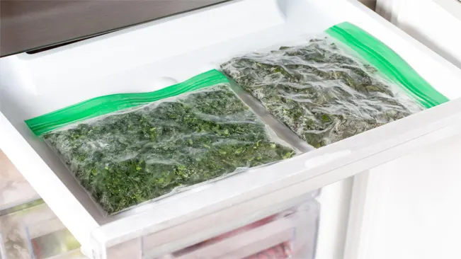 Frozen leaves of basil in the freezer.
