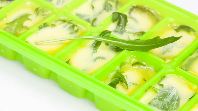 Fresh oganic herbs in olive oil ice cubes