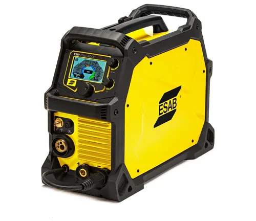 ESAB portable yellow and black welding machine on a white background.