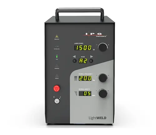 IPG LightWELD 1500 Handheld Laser Welder, with digital displays and control knobs on a grey body.