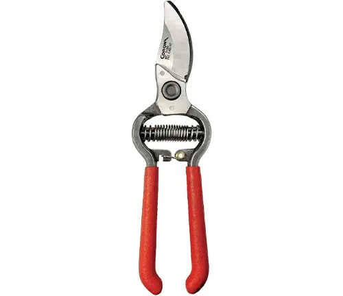 A pair of Corona bypass pruning shears with curved steel blades and red rubber handles, featuring a spring mechanism and a thumb lock.
