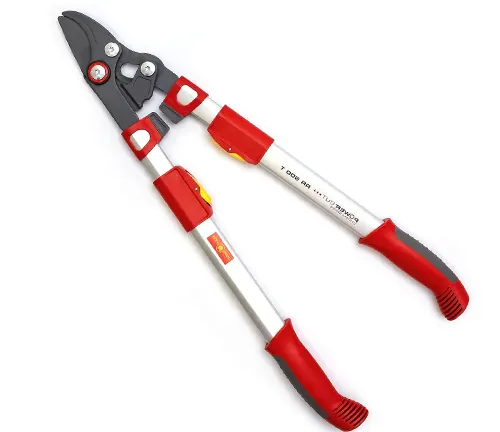 A pair of red and silver telescopic bypass loppers with adjustable handles and a black blade featuring a red locking mechanism.