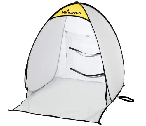 An image of a Wagner Spraytech C900051 Foldable Paint Spray Booth, which is a portable, white, tent-like structure with a curved top and three walls, featuring the Wagner logo prominently at the apex.