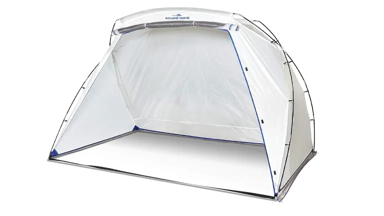 A HomeRight Large Spray Shelter with a translucent cover and blue trim, designed for paint application containment.
