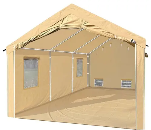 A portable, tan paint booth with a white frame, featuring clear windows and air filter vents, designed for vehicle spray painting and other projects.