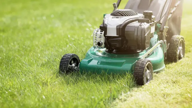 Lawnmower on a vibrant green lawn
