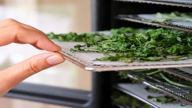 pulling a tray with parsley out of a food dehydrator machine